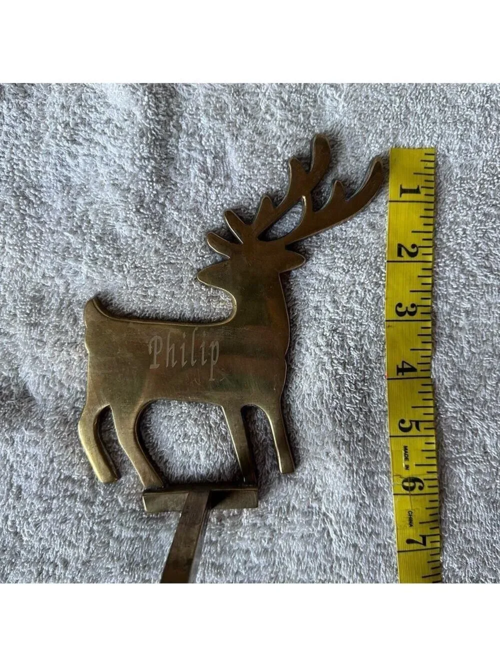 Vintage Solid Brass Reindeer Silhouette Christmas Stocking Hanger Etched Philip